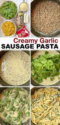 four pictures showing how to make creamy garlic sausage pasta with spinach leaves and cheese