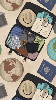 suitcases filled with clothes and luggage sitting on top of a table next to a globe