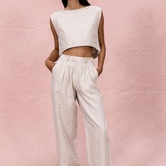 Chic Linen Short Sleeve Crop Top, Fitted Linen Crop Top, Fitted Linen Elegant Crop Top, Sleeveless Beige Linen Crop Top, Summer Linen V-neck Crop Top, High Neckline, Linen Pants, Body Measurements, High Waist Jeans