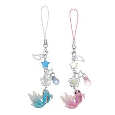 two key chains with charms attached to them on a white background, one has a fish and the other is a starfish