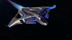 a futuristic space ship flying through the air with blue lights on it's side