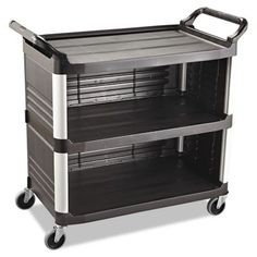 two tiered plastic utility cart with wheels on each side, black and silver color