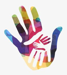 two hands are holding each other in the shape of a multicolored handprint