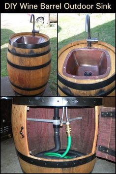 an outdoor sink made out of wine barrels is shown in this collage with the words diy wine barrel outdoor sink