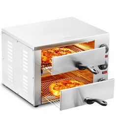 two pizzas are being cooked in an oven with the door open to allow them to cook