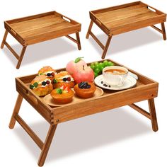 three wooden trays with food on them