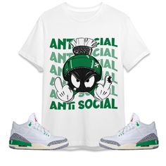 Anti Social Marvin The Martian Unisex Shirt Match Jordan 3 Lucky Green Made to match your sneakers! * SHOES NOT INCLUDED * Regular fit Runs true to size 100% cotton Tracking information included! The screen on your device (computers, phone, and tablet, etc.) may display different colors and saturations from the actual garment. Also, the item colors may not be as saturated in person as they are displayed on your screen right now. We do our best to match our shirts as much as possible. ** Care Ins Green Graphic Print Sports Sneakers, Casual Letter Print Sneakers For Streetwear, Casual Sneakers With Letter Print For Streetwear, Sporty Graphic Print Summer Sneakers, Sporty Graphic Print Sneakers For Summer, Sporty Sneakers With Graphic Print For Summer, Green Cotton Streetwear Sneakers, Casual Graphic Print Sneakers For Streetwear, Breathable White T-shirt For Streetwear