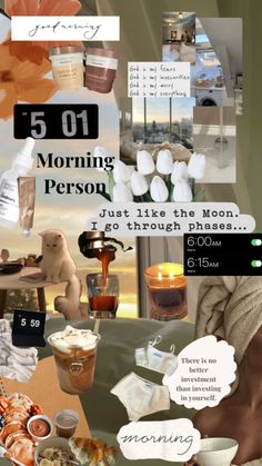 a collage of photos with the words morning persoq on it, including coffee and pastries