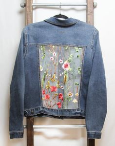 S M L XL Denim jacket w/flowered lace lace paneled jacket | Etsy Floral Print Denim Jacket For Summer, Spring Floral Print Long Sleeve Denim Jacket, Spring Denim Jacket With Floral Print, Bohemian Dark Wash Denim Jacket For Spring, Spring Cotton Outerwear With Lace Trim, Spring Patchwork Denim Jacket In Medium Wash, Spring Blue Denim Jacket With Floral Print, Spring Denim Jacket With Floral Embroidery, Casual Spring Outerwear With Lace Trim