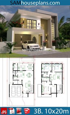 two story house plan with 3 bedroom and 2 bathrooms in the front, three car garage on