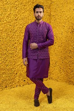 Purple bundi with geometric woven motifs and front buttons. Comes with kurta and woven churidar.
Component: 3
Pattern: Woven
Type Of Work: Geometric
Neckline: Band
Sleeve Type: Full Sleeves
Fabric: Banarasi Chanderi, Glace Cotton
Color: Purple
Other Details: 
Woven pant
Patch pocket
Front buttons
Occasion: Sangeet - Aza Fashions Kurta Bandi For Men, Purple Pattu Saree, Mahima Mahajan, Jacket Fabric, Nehru Jackets, Kids Sleepwear, Cotton Pants, Blouse Styles, Double Breasted Suit Jacket