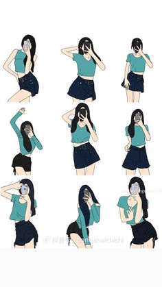 various poses of a woman in blue shirt and skirt with her hands on her head