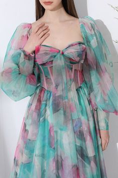 Corset Long Sleeves Watercolor Print Tulle Dress