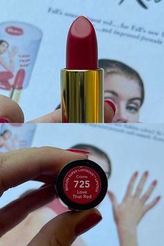 This classic red lipstick shade is still stunning to this day (even though the shade itself is over 50 years old!) Check out the swatches and review yourself on my blog! #redlipstickswatches #revlonlovethatredswatches #vintagemakeupads #vintageredlipstick #50s Make Up For Red Lipstick, 1960s Lipstick Colors, Revlon Vintage Lipstick, 80s Red Lipstick, Revlon Certainly Red Lipstick, 1950s Red Lipstick