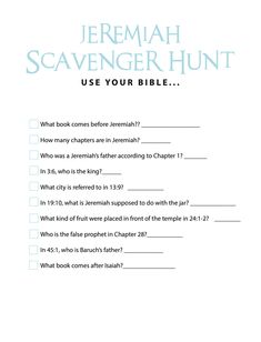 FREE Jeremiah Bible Scavenger Hunt - Children's Ministry Deals Ezra Bible, Ezekiel Bible, Bible Scavenger Hunt, Bible Games For Kids, Childrens Ministry Curriculum, Sunday School Curriculum, Bible Quiz, Sunday School Crafts For Kids, Bible Study For Kids