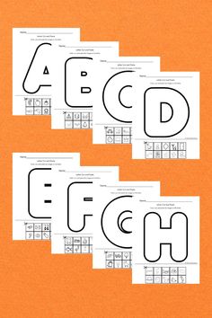 four letter worksheets with different font and numbers on an orange background, including the letters