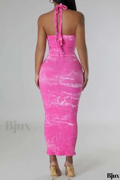 Bjux - Stylish Printed Bandage Backless Halter Long Dresses Fitted Halter Neck Maxi Dress For Day Out, Spring Halter Neck Maxi Dress For Club, Spring Club Maxi Dress With Halter Neck, Fitted Pink Maxi Dress For Club, Kente Dress, Halter Maxi, Backless Design, Home Dress, Halter Maxi Dresses