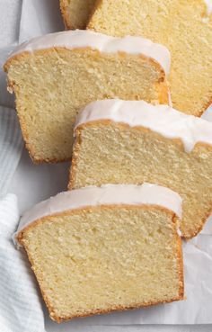 slices of pound cake with frosting on top sitting on napkins next to each other