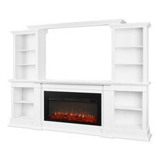 a white entertainment center with an electric fire place and built - in bookcases