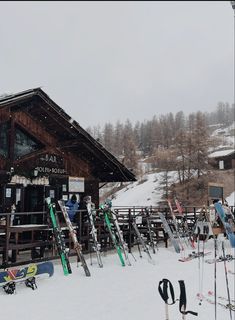 many skis and snowboards are lined up in front of a wooden building on a snowy day