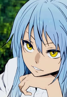 an anime character with blue hair and yellow eyes looking at the camera while wearing white shirt