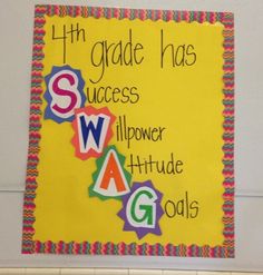 a bulletin board with the words 5th grade has success, power, attitude and goals