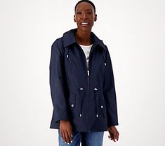 We could all use a sleekly styled jacket in our cool-weather repertoire, but when it's water-resistant?! It immediately becomes a must-have. From Susan Graver. Modern Hooded Raincoat For Spring, Solid Windbreaker For Cold Weather In Spring, Solid Windbreaker For Cold Spring Weather, Modern Waterproof Raincoat For Spring, Modern Raincoat With Pockets For Spring, Spring Utility Waterproof Raincoat, Utility Waterproof Raincoat For Spring, Spring Waterproof Outerwear, Fall Utility Jacket For Rainy Weather