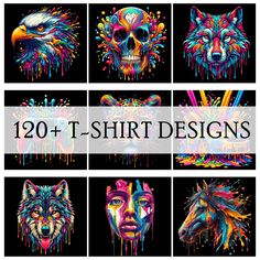 colorful wolf head designs with the words 120 + t - shirt designs