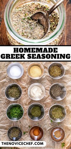 the ingredients for homemade greek seasoning in small bowls