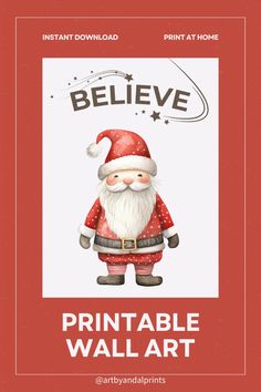 the printable christmas wall art is shown in red and white with an image of santa claus