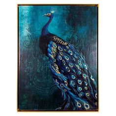 a painting of a peacock with blue feathers