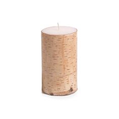 a wooden candle holder with a single white candle in the center and an unfinished piece of wood behind it