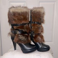 These Boots Are From About 12 Years Ago And In Amazing Condition, They’ve Never Been Worn, Only Tried On And Stored Safely, They Are Gorgeous And Stylish!! Inside Has The Signature Ugg Footbed These Boots Are Pristine And Unique! Luxury Boots With Faux Fur Lining, Luxury Leather Boots With Faux Fur Lining, Luxury Winter Boots With Faux Fur Trim, Elegant Boots With Faux Fur Lining, Ugg High, Designer Winter Boots, Ugg Leather Boots, Ugg Leather, Fur Heels