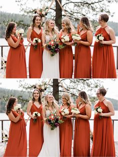 the bridesmaids are all dressed in orange dresses and bouquets for their wedding