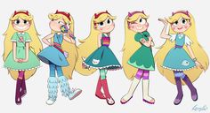 four cartoon girls with long blonde hair and blue dresses are standing in front of each other