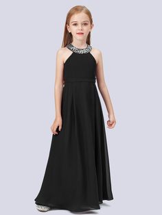 Chiffon Junior Bridesmaid Dress with Beaded Neckline Black Junior Bridesmaid Dress, Jr Bridesmaid Dresses, Dress Georgette, Neckline Details, Full Maxi Skirt, Junior Bridesmaid Dress, Beaded Neckline, Junior Bridesmaid Dresses, Junior Bridesmaid