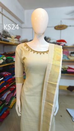 Golden Tissue Slitted Kurti set, Stitched Churidar set, Handwork design, Onam,Vishu,Pooja Festivals,Marriage,Birthday wear kerala tissue collection.Sizes available are Small ,Medium,Large,XL,XXL,XXXL,XXXXL,XXXXXL   CUSTOMIZED COLOR AND WORK ARE AVAILABLE.  PRE BOOKING 10 TO 15 DAYS KERALA  TISSUE COLLECTIONS ◾ Export quality ◼ TISSUE SLITTED KURTI  ▪ Material : TISSUE ▪ Type :SLITTED ▪ Length :  44" ▪ Sleeve : 3/4th ▪Size  :36, 38 ,40, 42 Same design can be customized in Kids Ready to wear. Two options for purchase. 1. You can Purchase ready to wear Churidar set  ( stitched with extra lining material ). 2. If you want Churidar set as per your measurements, we will provide measurement Chart at the time of placing order . As per the measurement given by the buyer, we will stitch the Churidar Kerala Churidar Models, Fitted Slub Silk Salwar Kameez With Self Design, Kerala Set Churidar Designs, Cotton Unstitched Suit With Straight Kurta For Wedding, Cotton Fitted Churidar For Wedding, Traditional Drape Cotton Palazzo Set For Wedding, Fitted Cotton Churidar For Wedding, Fitted Slub Silk Sets With Zari Work, Wedding Cotton Palazzo Set With Traditional Drape