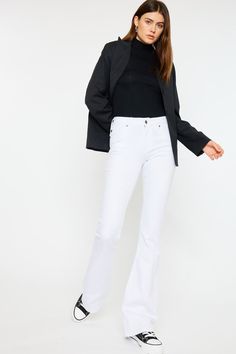 Our Alaska Mid Rise Jeans come in a classic flare cut in an opulent white color that was made to stand out. Sits right at the natural waistline as it gently tapers down the leg and begins to flare out at the calf. Made with super-stretch denim that keeps you feeling comfortable all day and won't bag out after each wear. Features a classic five-pocket design, single-button front, and zip-fly closure. 9" Rise / 33.75" Inseam 66.5% Cotton, 31.3% Rayon, 2.2% Spandex Model in size 3/25 Style # : KC6102WT-OP Stretchiness Level >> Super Stretch Chic White Stretch Flare Jeans, White Fitted Wide Leg Flare Jeans, Fitted Wide Leg White Flare Jeans, Fitted Wide-leg White Flare Jeans, Classic White Flare Bottoms, Classic Fitted Bottoms With Flared Hem, White Stretch Flare Jeans For Spring, White Fitted Flare Bottoms, Fitted White Flare Bottoms