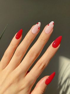 Red and White  Collar    Color Nails Embellished   Nail,Hand & Foot Care Red Summer Nails, Red Acrylic Nails, Colorful Nails, Her Nails, Almond Nails Designs, White Nail, Minimalist Nails, Floral Nails, Chic Nails