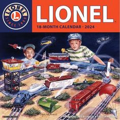 an advertisement for a model railroad set with two boys on the tracks and one boy in striped shirt