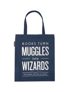 a book bag with the words books turn muggles into wizardss on it, against a white background