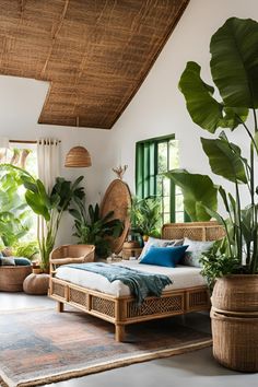 a bedroom with plants and wicker furniture