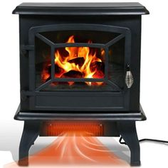 a black stove with flames in it