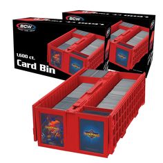 three red plastic crates with batman logo on them and two boxes containing cards in each