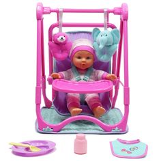 a baby doll sitting in a pink swing with toys around it on a white background