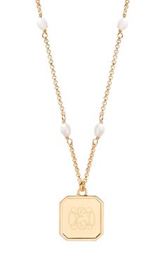 A dainty chain dotted with freshwater pearls furthers the contemporary sophistication of a 14-karat gold-plated necklace 20" length; 2" extender; 5/8" pendant drop 14k-gold plate/freshwater pearl Made in the USA Monogram Pendant Necklace, Monogram Necklace Gold, Monogram Pendant, Monogram Jewelry, Gold Monogram, Dainty Chain, Monogram Necklace, Gold Plated Necklace, Fresh Water