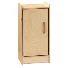 a wooden cabinet with a door and handle on the front, against a white background