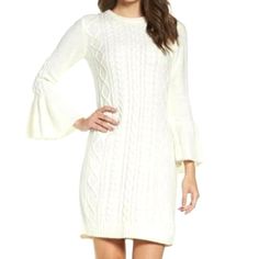 Eliza J Cable Knit Bell Sleeves Sweater Dress Size: S Color: Ivory Condition: New Without Tags Retail Price: $128 Features: -Crew Neck -Bell Sleeves -Cable Knit Approx. Measurements Laying Flat: Bust/Chest: 19" Length: 39.5" Waist: 18.5" Hips: 23" Thanks For Checking Out Our Closet/Store! We Ship Same Or Next Business Day. Pet And Smoke-Free Environment (*Color May Vary From Screen To Screen, Appearing Darker Or Lighter). Cozy Cream Sweater Dress For Spring, Cozy White Sweater Dress For Fall, Cozy White Knit Sweater Dress, Cream Knit Mini Length Sweater Dress, Cream Knit Mini Sweater Dress, White Long Sleeve Cable Knit Sweater Dress, White Cable Knit Sweater Dress For Fall, White Cable Knit Long Sleeve Sweater Dress, Winter White Sweater Dress For Fall