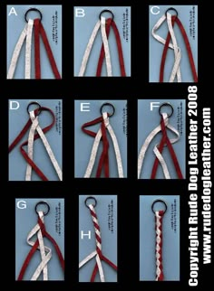 the instructions for how to tie a keychain with red and white braiding