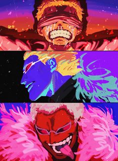 three different colored images with the same character in each one's face and head